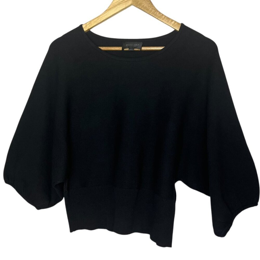 Line & Dot Size L Oversized Statement Sleeve Knit Top Solid Black Elevated Basic